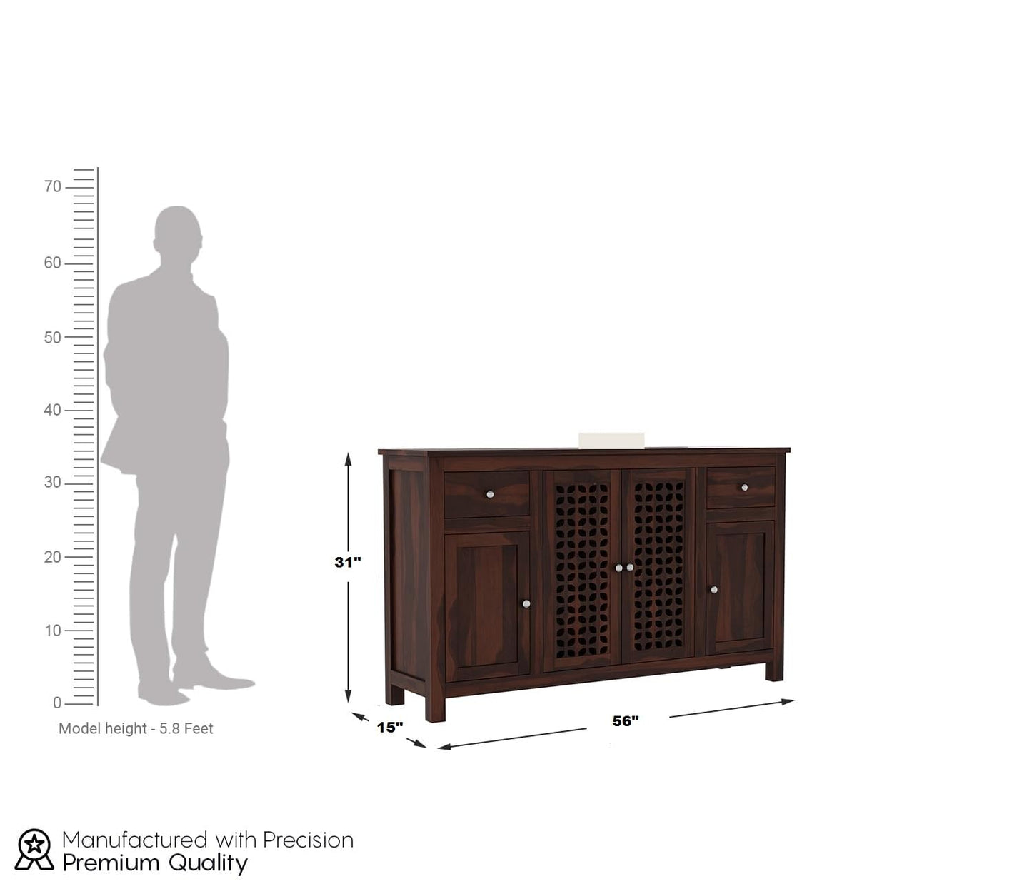 RK Deck Solid Sheesham Wood Sideboard Cabinet 4 Door 2 Drawer Storage