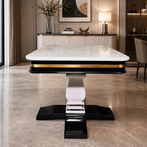 RK Wood Dining Table Set of 4 with Brass Strip - Beige Marble Top