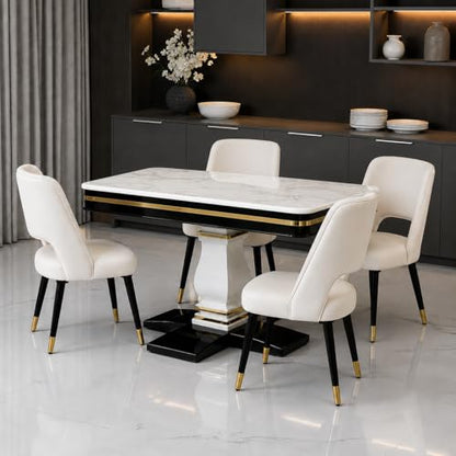 RK Wood Dining Table Set of 4 with Brass Strip - Beige Marble Top