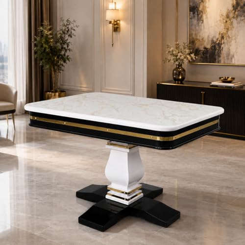 RK Wood Dining Table Set of 4 with Brass Strip - Beige Marble Top