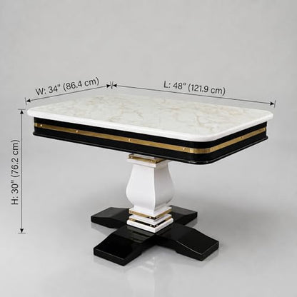 RK Wood Dining Table Set of 4 with Brass Strip - Beige Marble Top