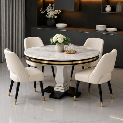 RK Deck Sheesham Wood Round Dining Table Set of 4 - Beige Marble Top