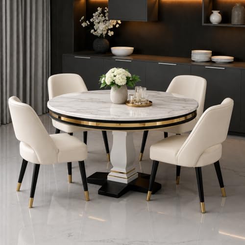 RK Deck Sheesham Wood Round Dining Table Set of 4 - Beige Marble Top