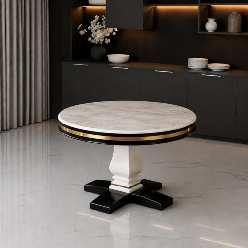 RK Deck Sheesham Wood Round Dining Table Set of 4 - Beige Marble Top