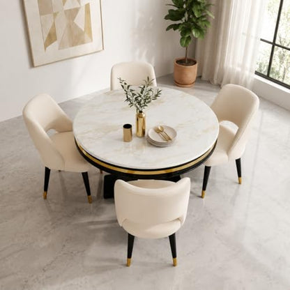 RK Deck Sheesham Wood Round Dining Table Set of 4 - Beige Marble Top