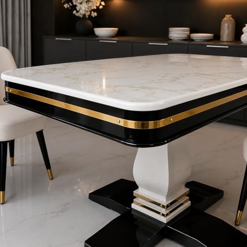 RK Wood Dining Table Set of 4 with Brass Strip - Beige Marble Top