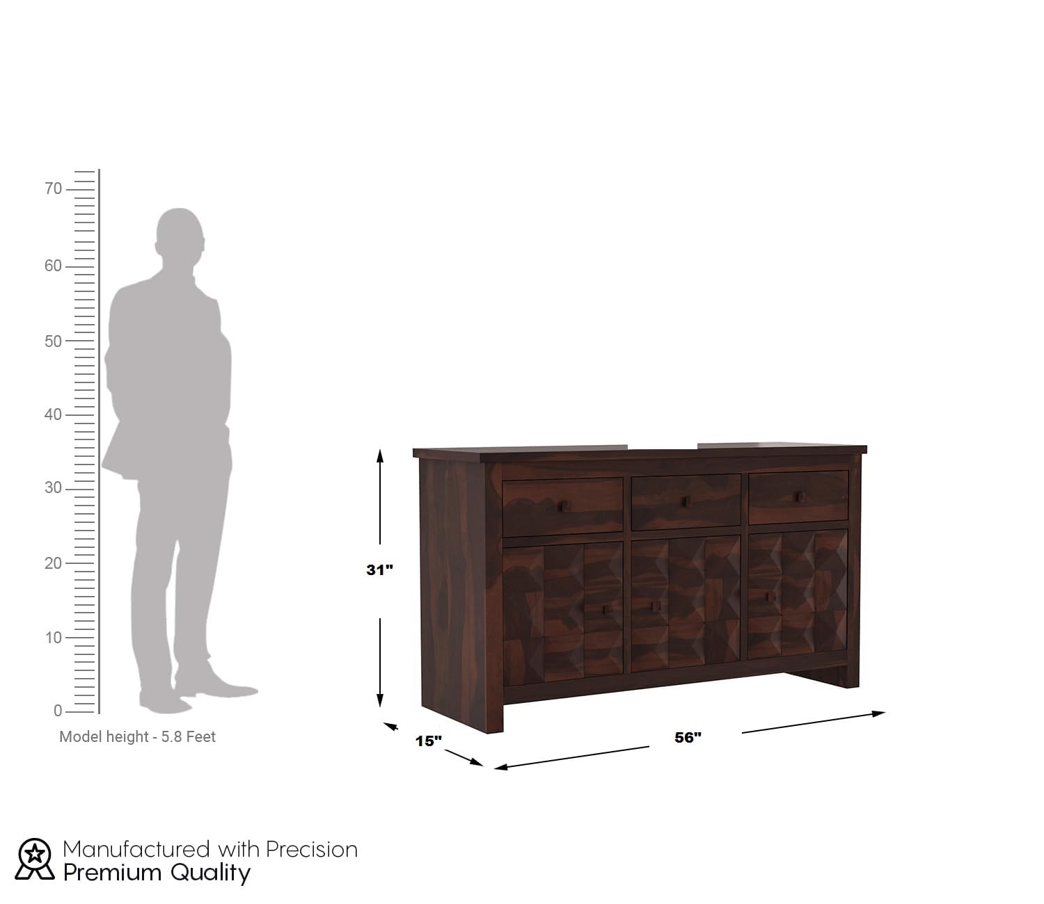 RK Wood Solid Sheesham Wood Sideboard Cabinet 3 Drawer 3 Door Storage