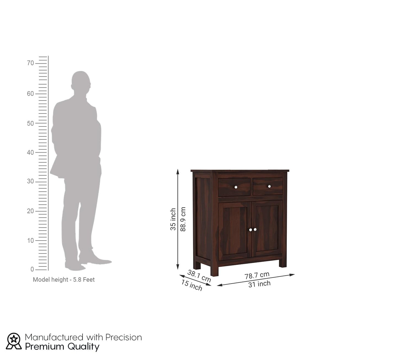 RK Deck Solid Sheesham Wood Sideboard Cabinet 2 Door 2 Drawer Storage