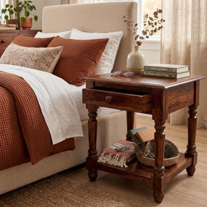 RK Wood Sheesham Wood Bedside Table - Honey Brown Finish