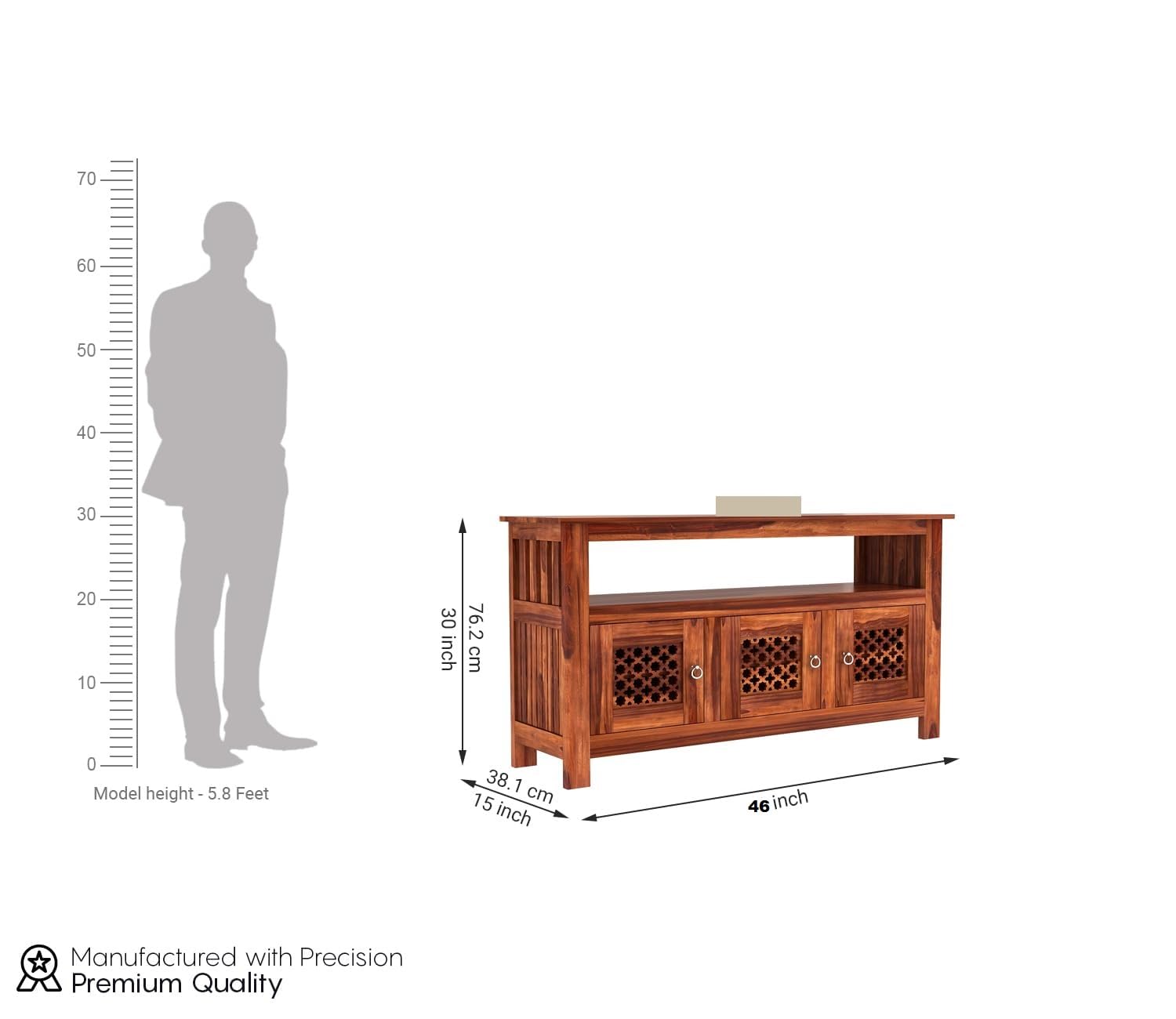 RK Wood Solid Sheesham Wood Sideboard Cabinet with Open Shelf Wooden