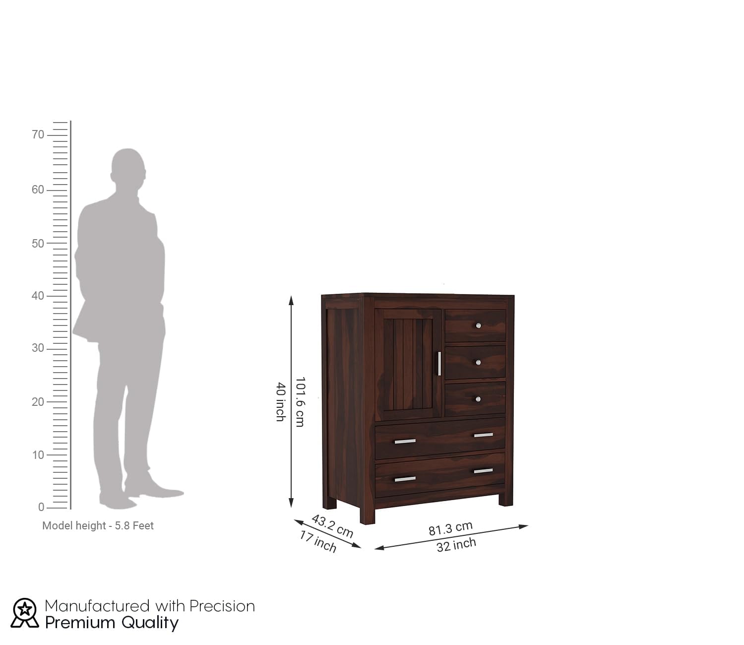 RK Deck Solid Sheesham Wood Sideboard Cabinet with Drawers & Door