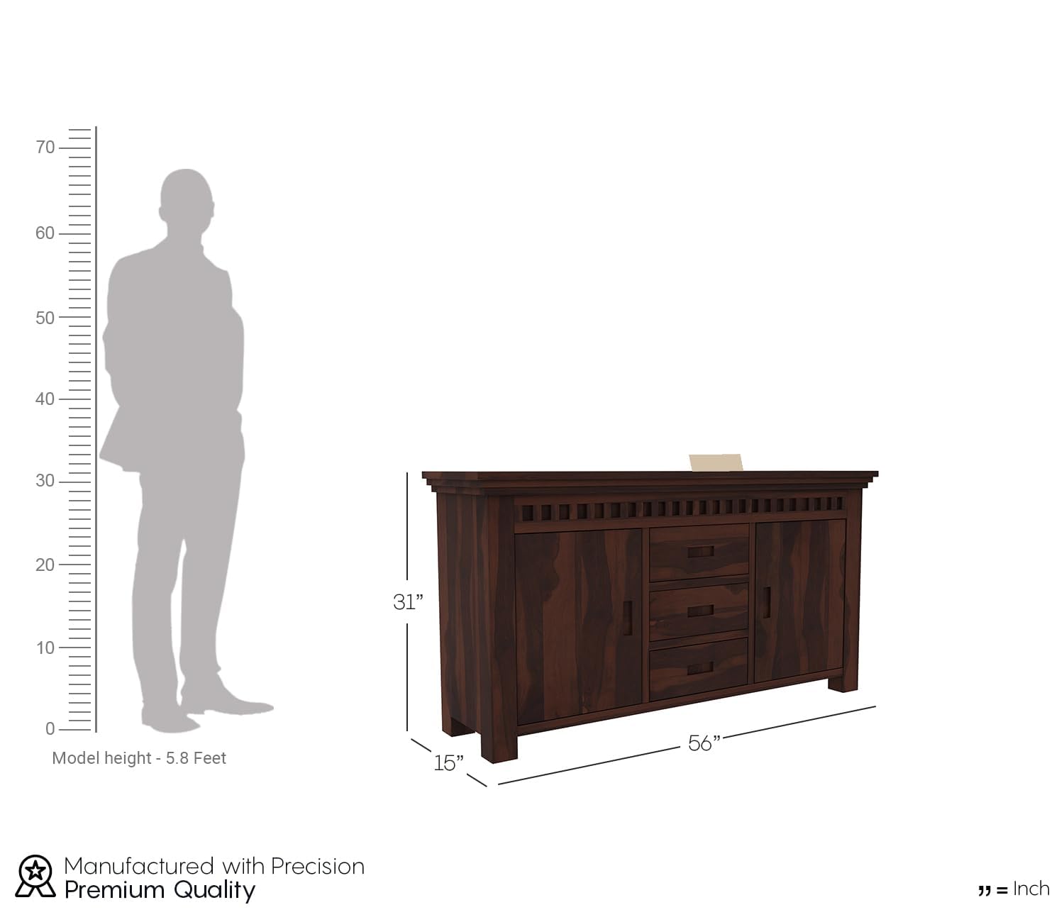 RK Deck Solid Sheesham Wood Sideboard Cabinet 3 Drawer 2 Door Storage