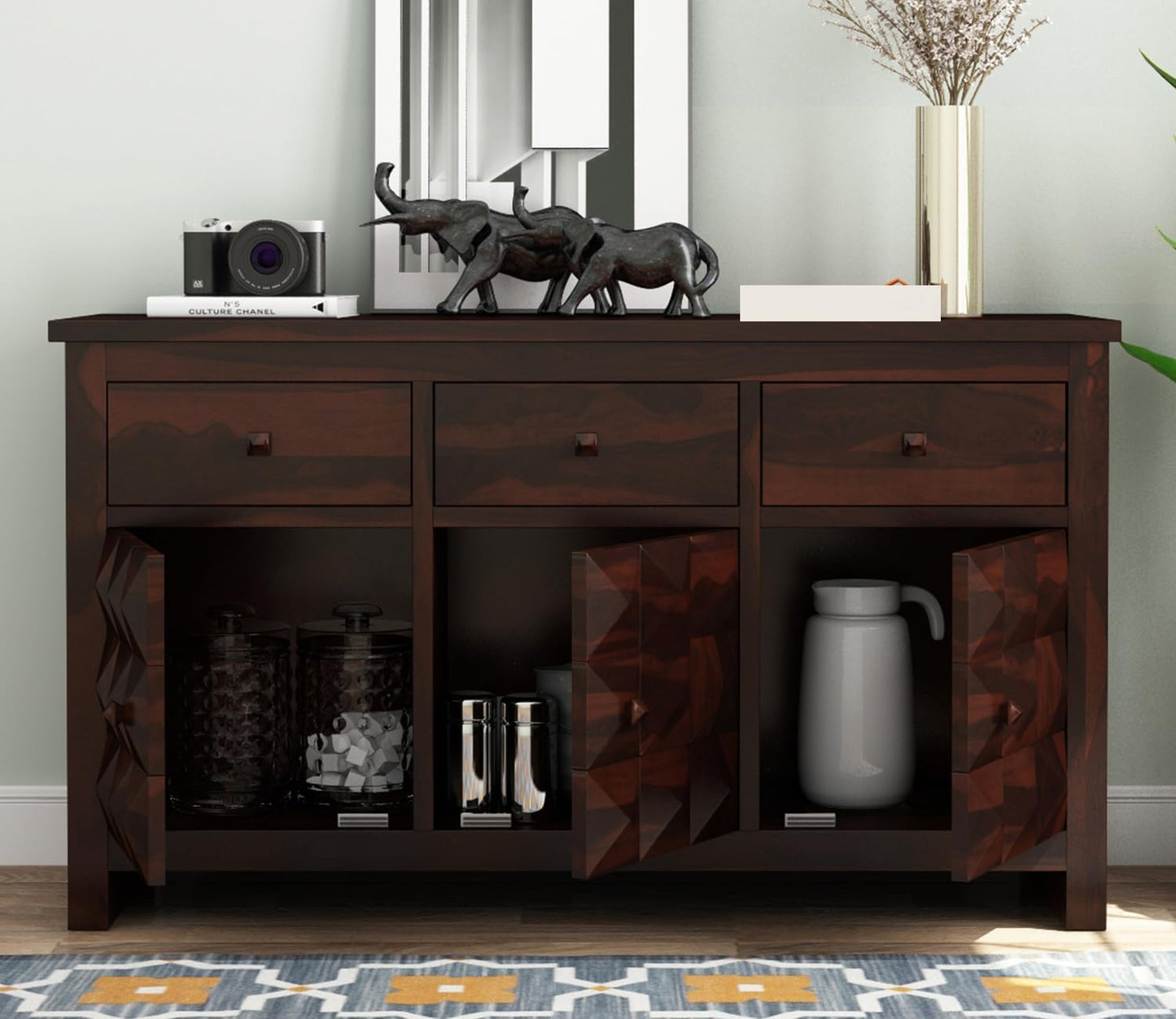 RK Wood Solid Sheesham Wood Sideboard Cabinet 3 Drawer 3 Door Storage