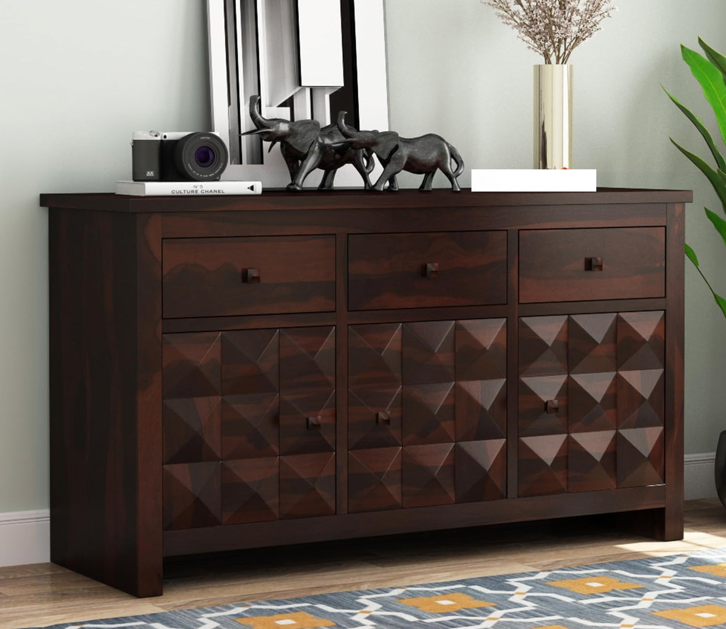 RK Wood Solid Sheesham Wood Sideboard Cabinet 3 Drawer 3 Door Storage