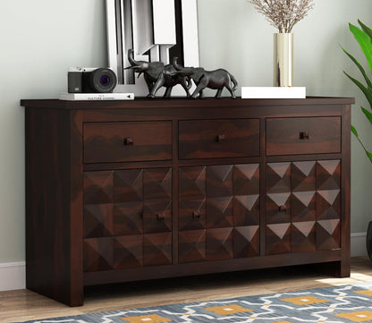 RK Wood Solid Sheesham Wood Sideboard Cabinet 3 Drawer 3 Door Storage