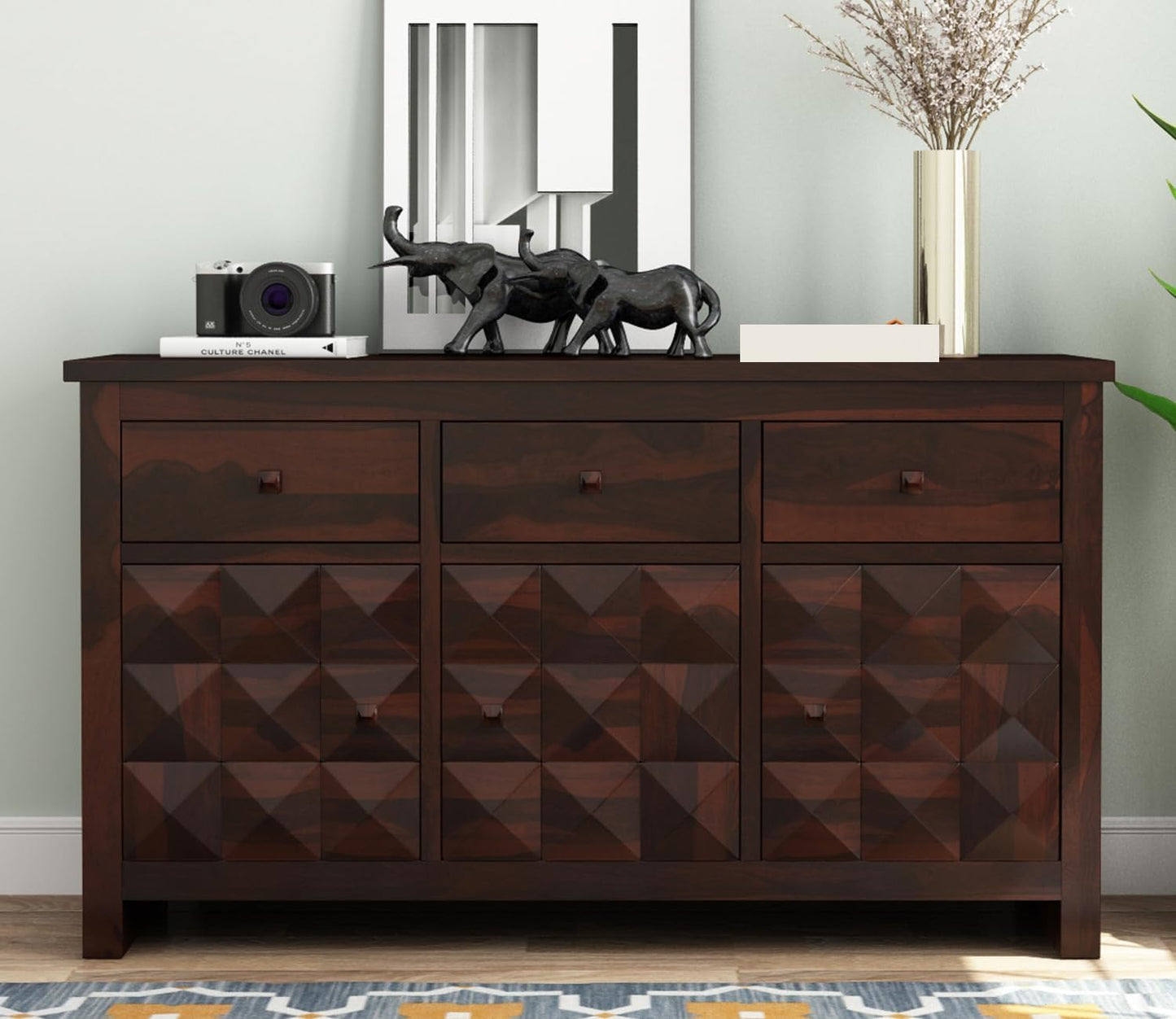 RK Wood Solid Sheesham Wood Sideboard Cabinet 3 Drawer 3 Door Storage