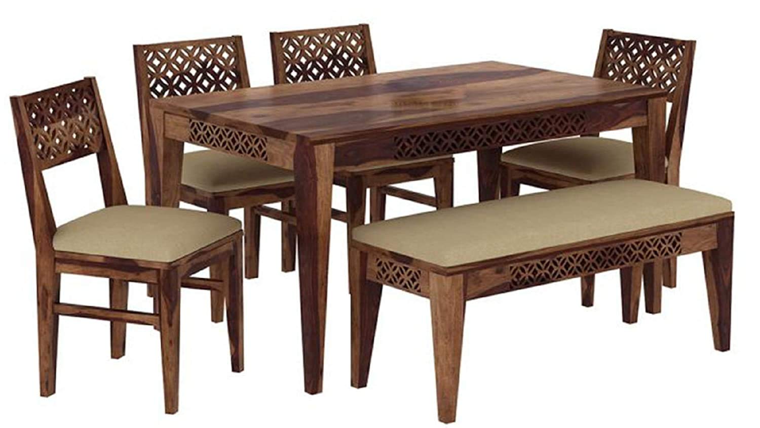 RK WOOD Sheesham Wood 6 Seater Dining Table Set with Bench & 4 Chairs,