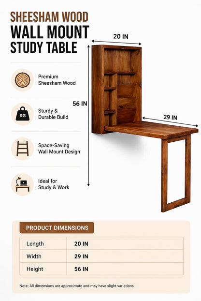 RK WOOD Folding Wall Mounted Study Table Wooden Desk with Storage