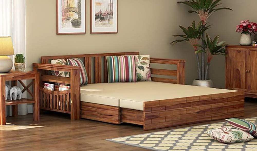 RK WOOD Solid Sheesham Teak Wood 3 Seater Wooden Sofa Cums Bed for