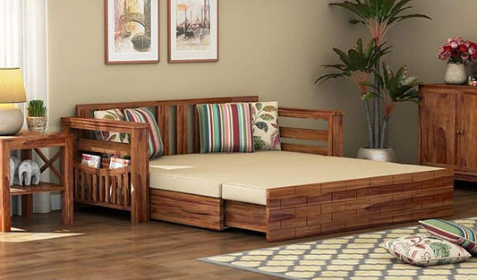RK WOOD Solid Sheesham Teak Wood 3 Seater Wooden Sofa Cums Bed for