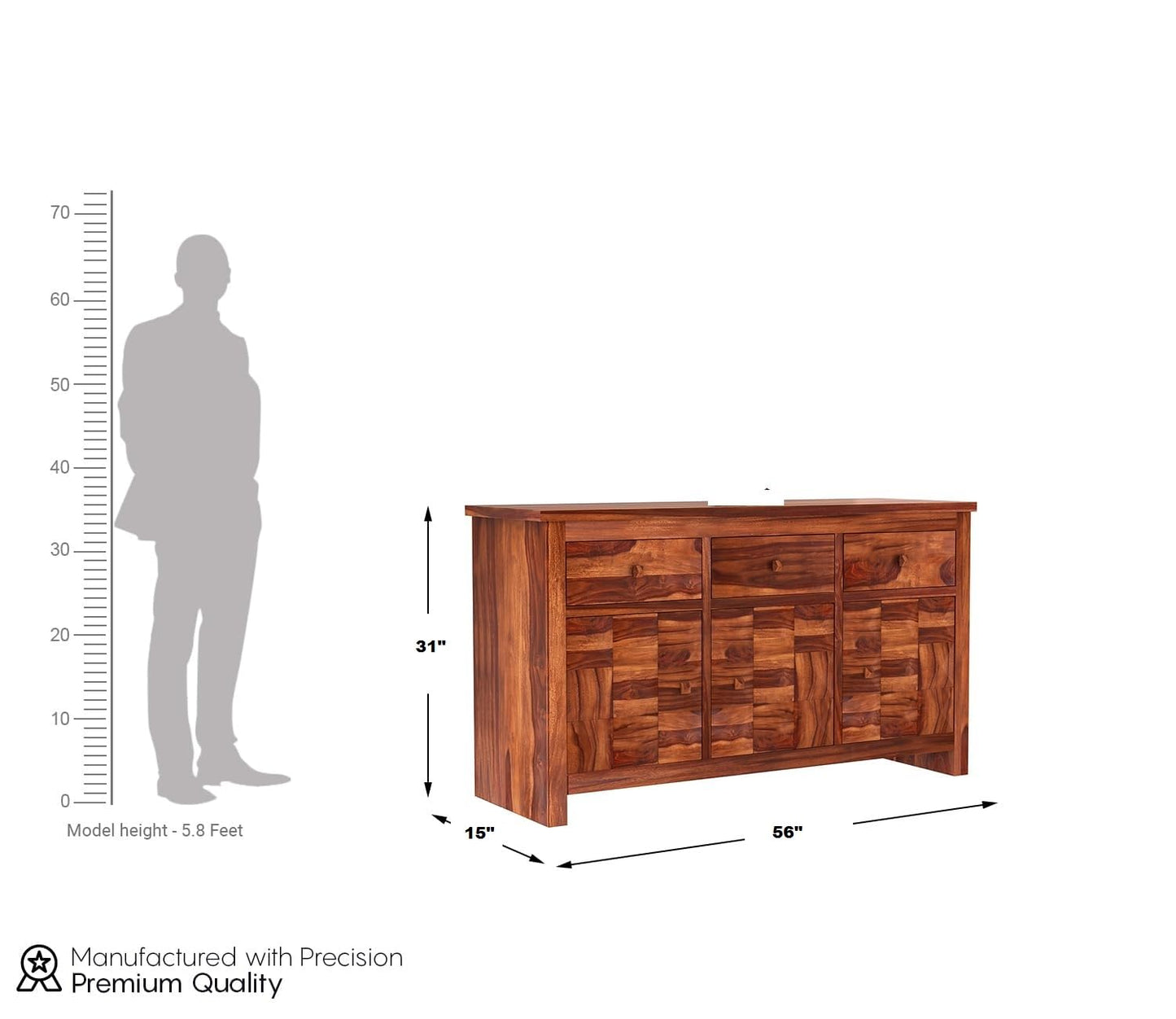 RK Wood Solid Sheesham Wood Sideboard Cabinet 3 Drawer 3 Door Storage
