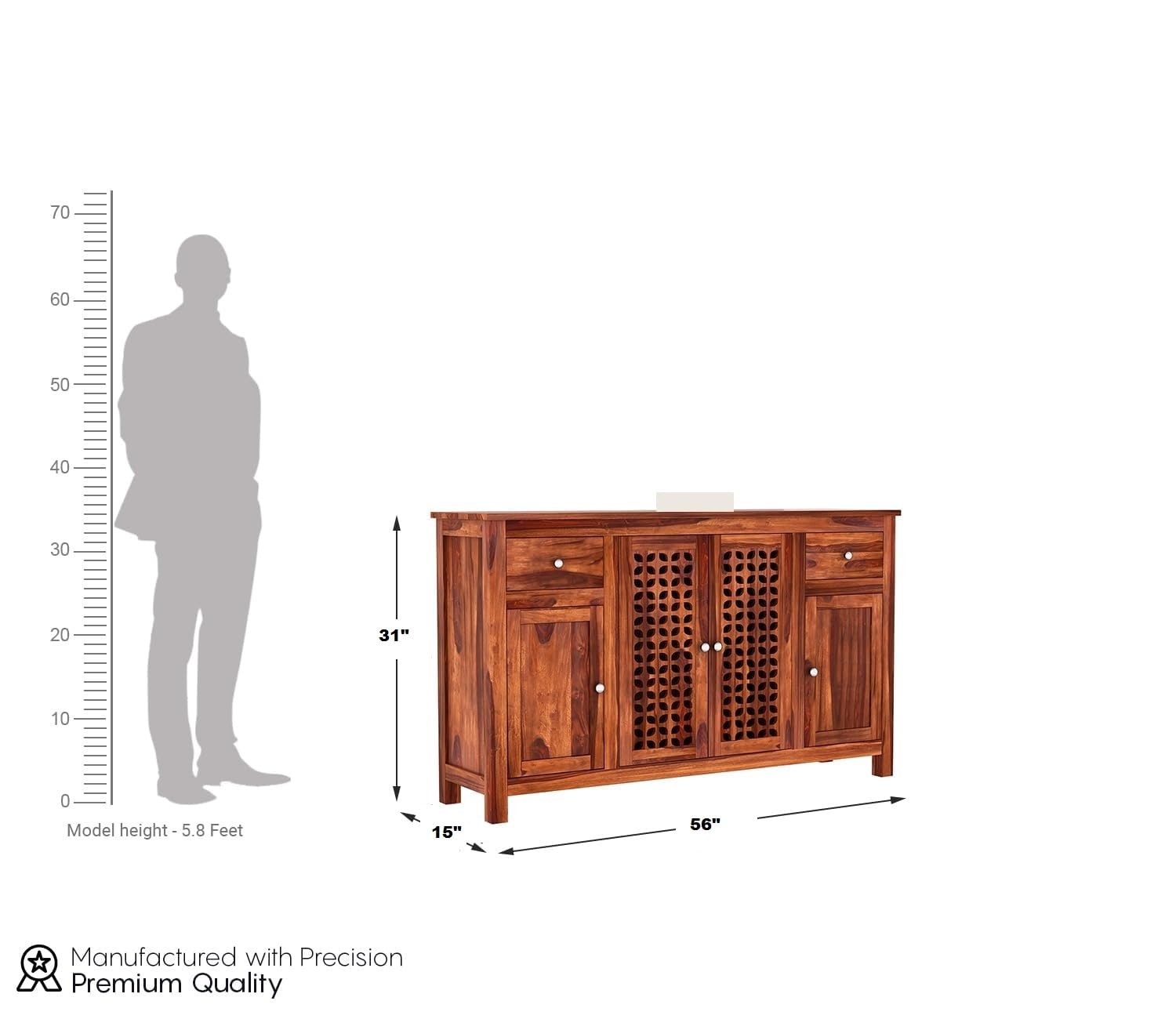 RK Deck Solid Sheesham Wood Sideboard Cabinet 4 Door 2 Drawer Storage