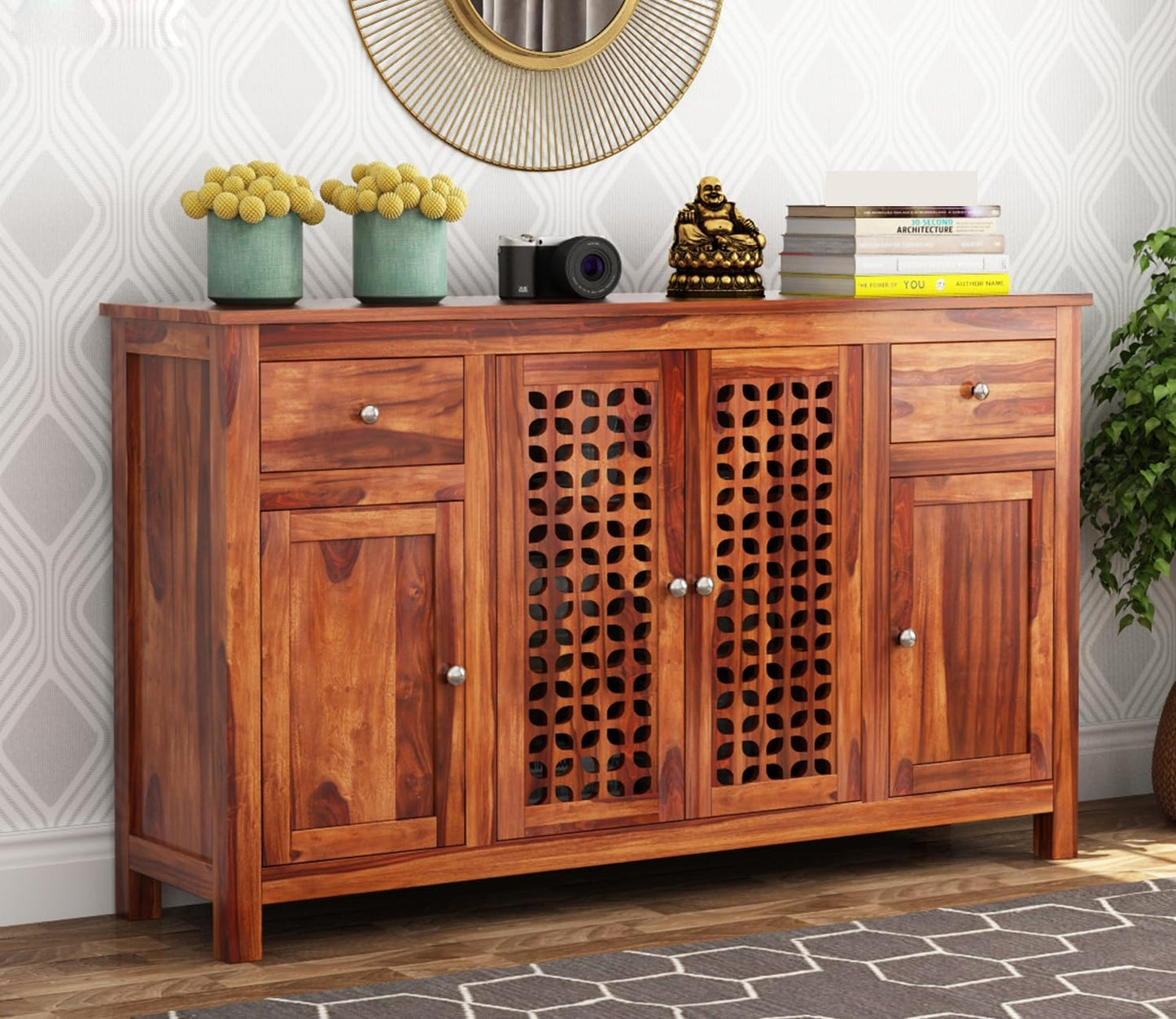 RK Deck Solid Sheesham Wood Sideboard Cabinet 4 Door 2 Drawer Storage