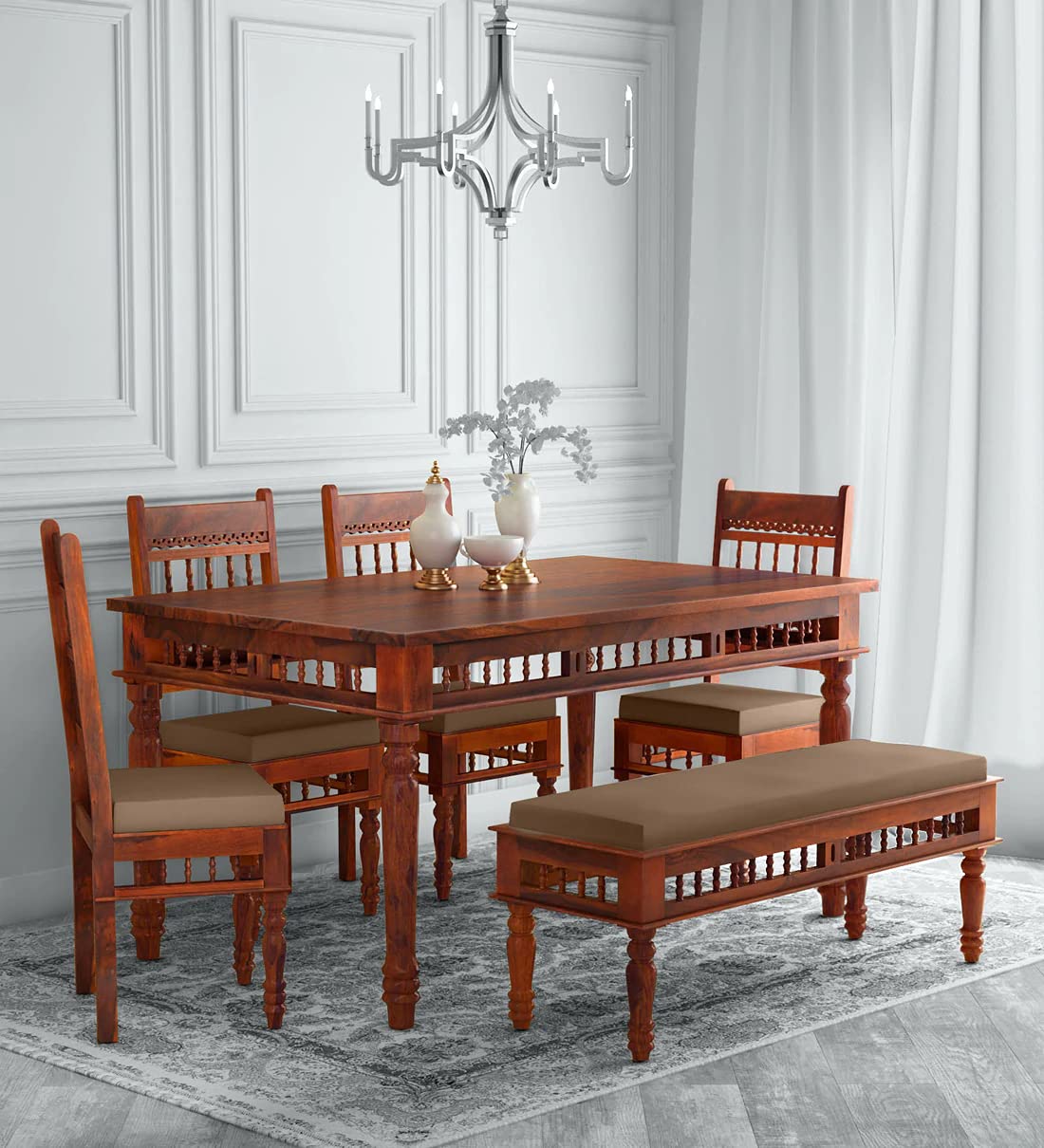 RK WOOD Solid Wood 6 Seater Dining Table Set with 4 Chairs & 1 Bench |