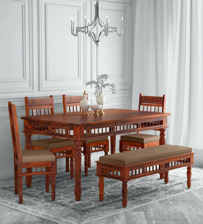 RK WOOD Solid Wood 6 Seater Dining Table Set with 4 Chairs & 1 Bench |