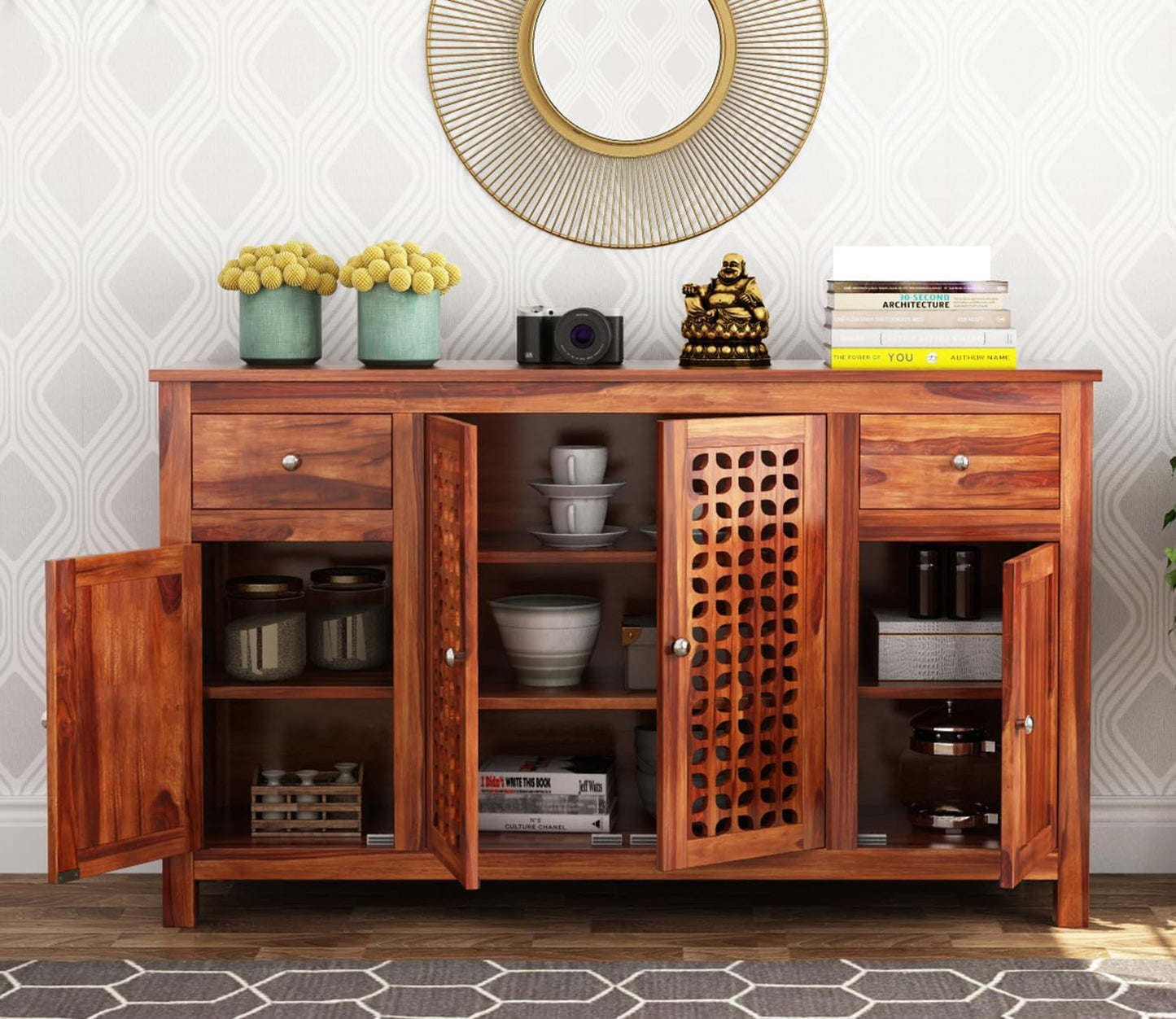RK Deck Solid Sheesham Wood Sideboard Cabinet 4 Door 2 Drawer Storage