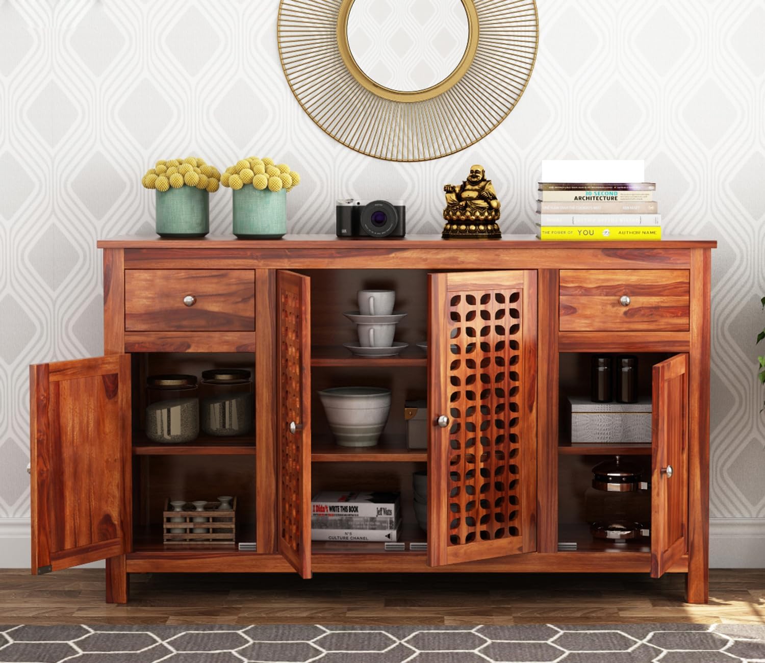 RK Deck Solid Sheesham Wood Sideboard Cabinet 4 Door 2 Drawer Storage