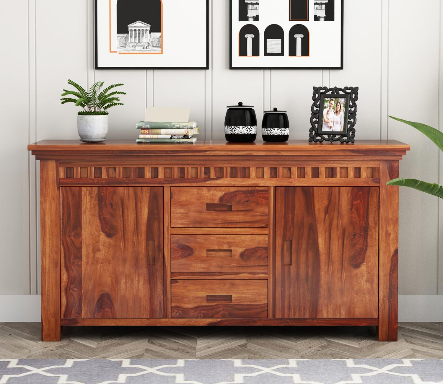 RK Deck Solid Sheesham Wood Sideboard Cabinet 3 Drawer 2 Door Storage