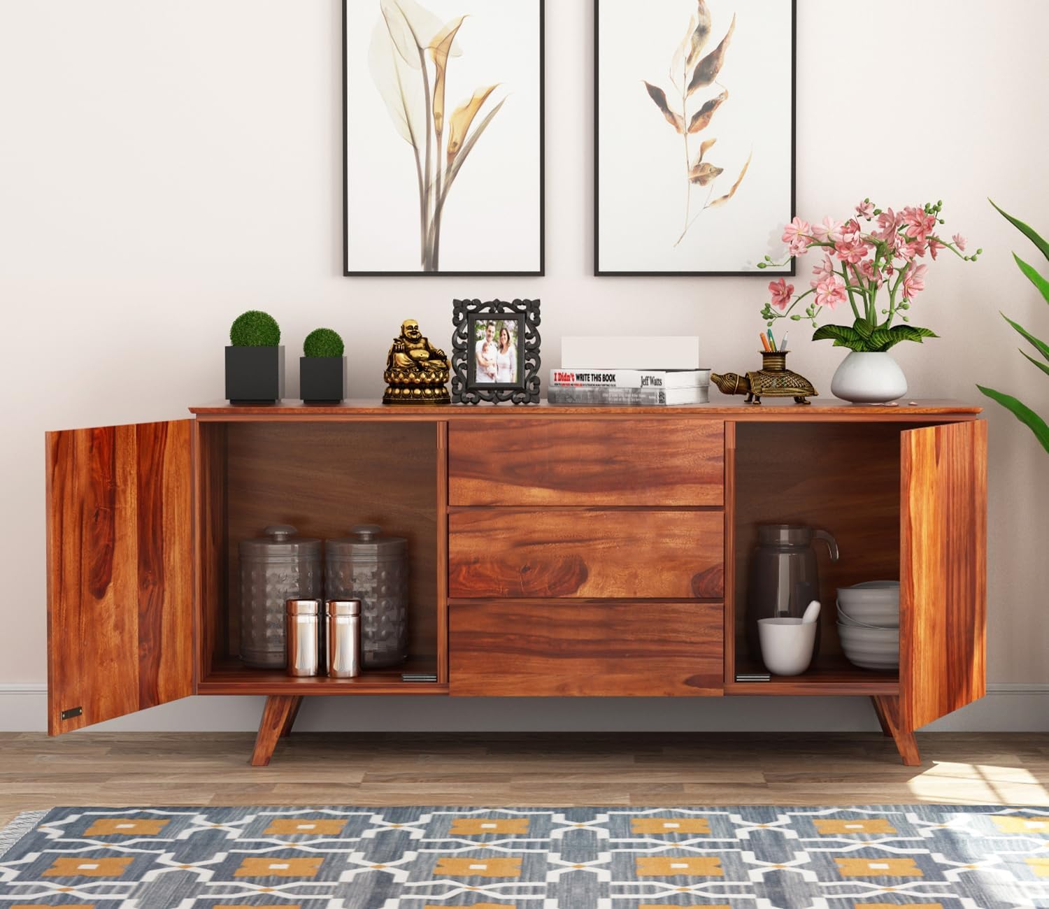 RK Wood Solid Sheesham Wood Sideboard Cabinet Wooden Storage Buffet