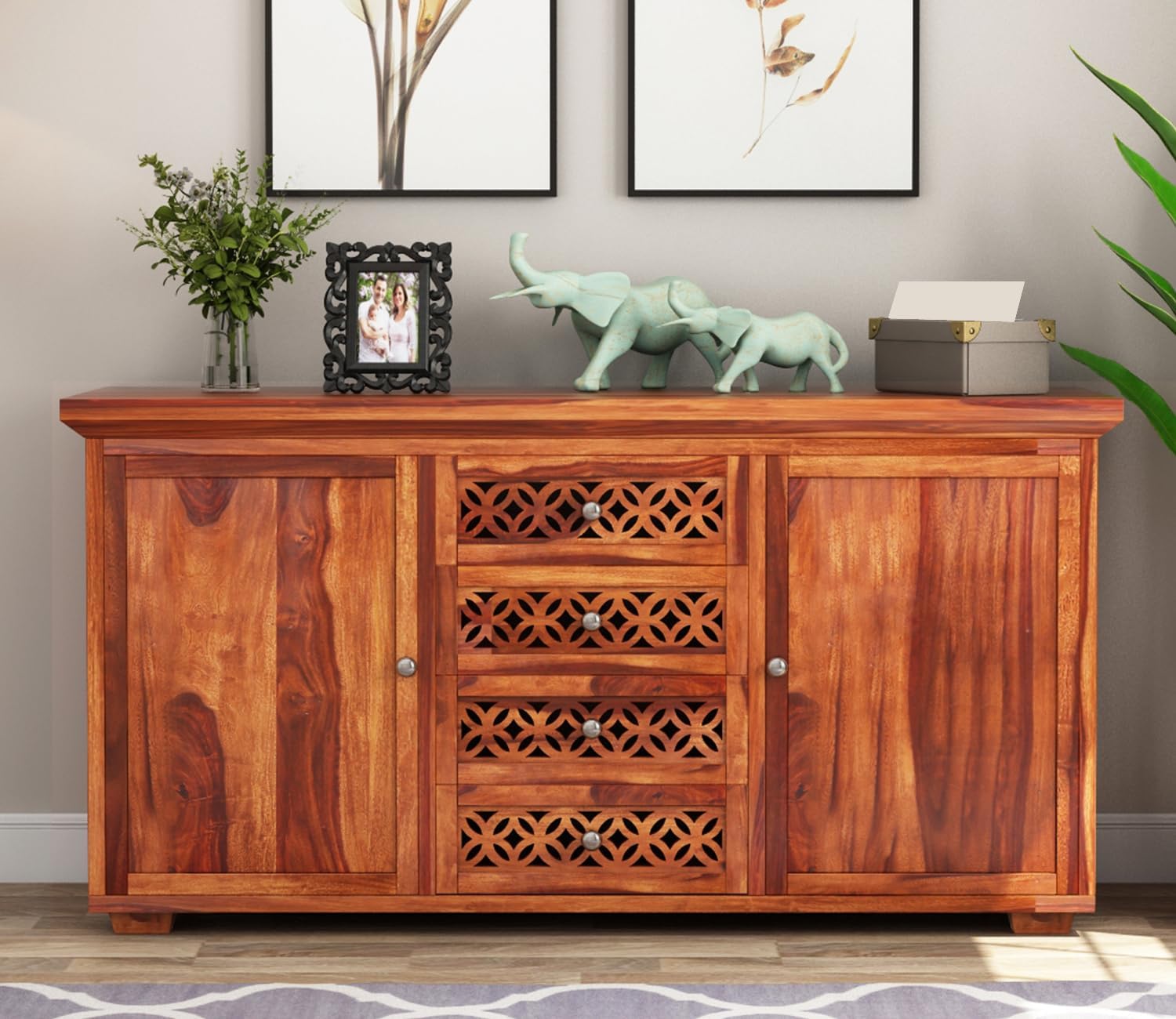 RK Wood Solid Sheesham Wood Sideboard Cabinet Wooden Storage Unit 4