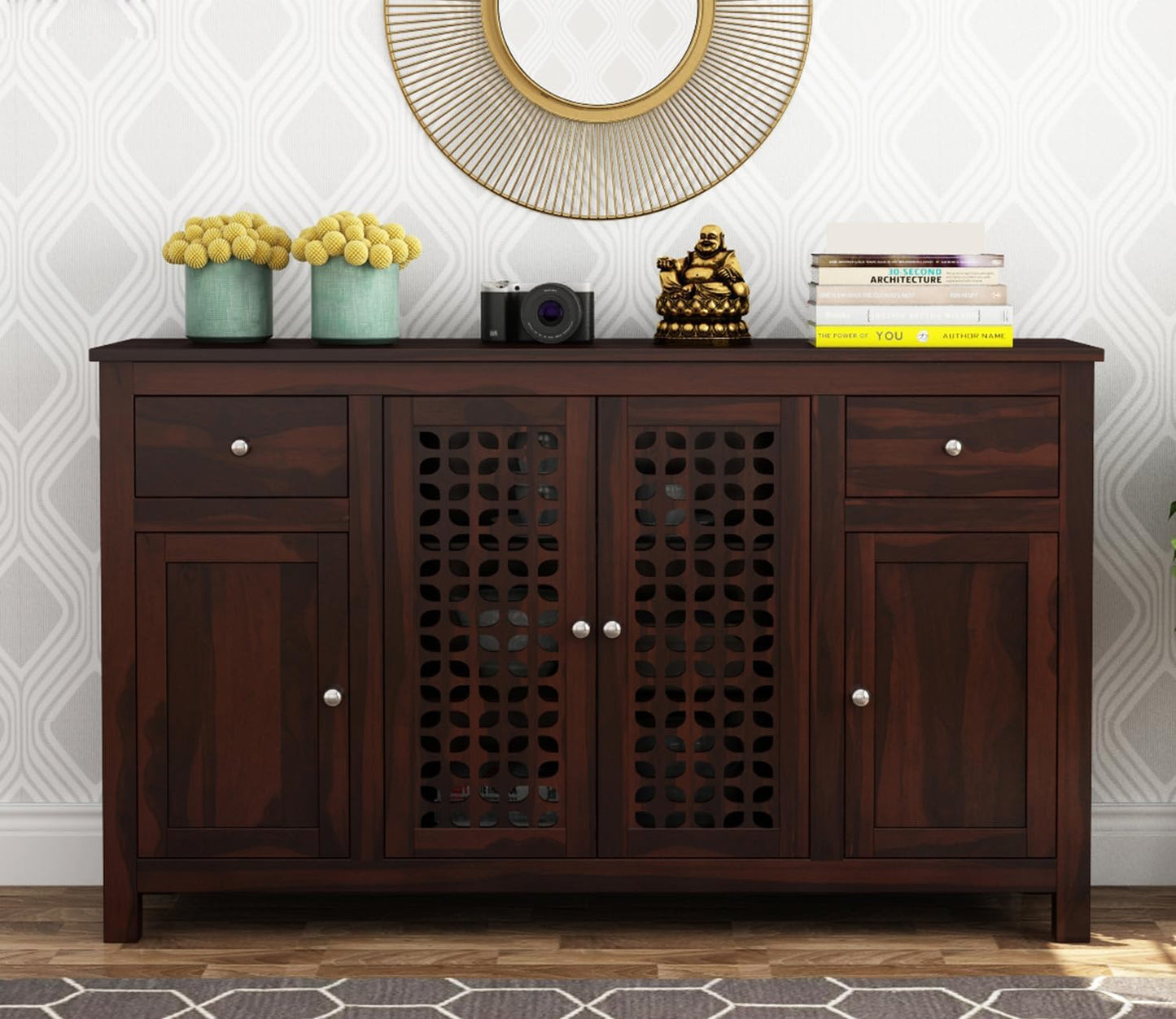 RK Deck Solid Sheesham Wood Sideboard Cabinet 4 Door 2 Drawer Storage