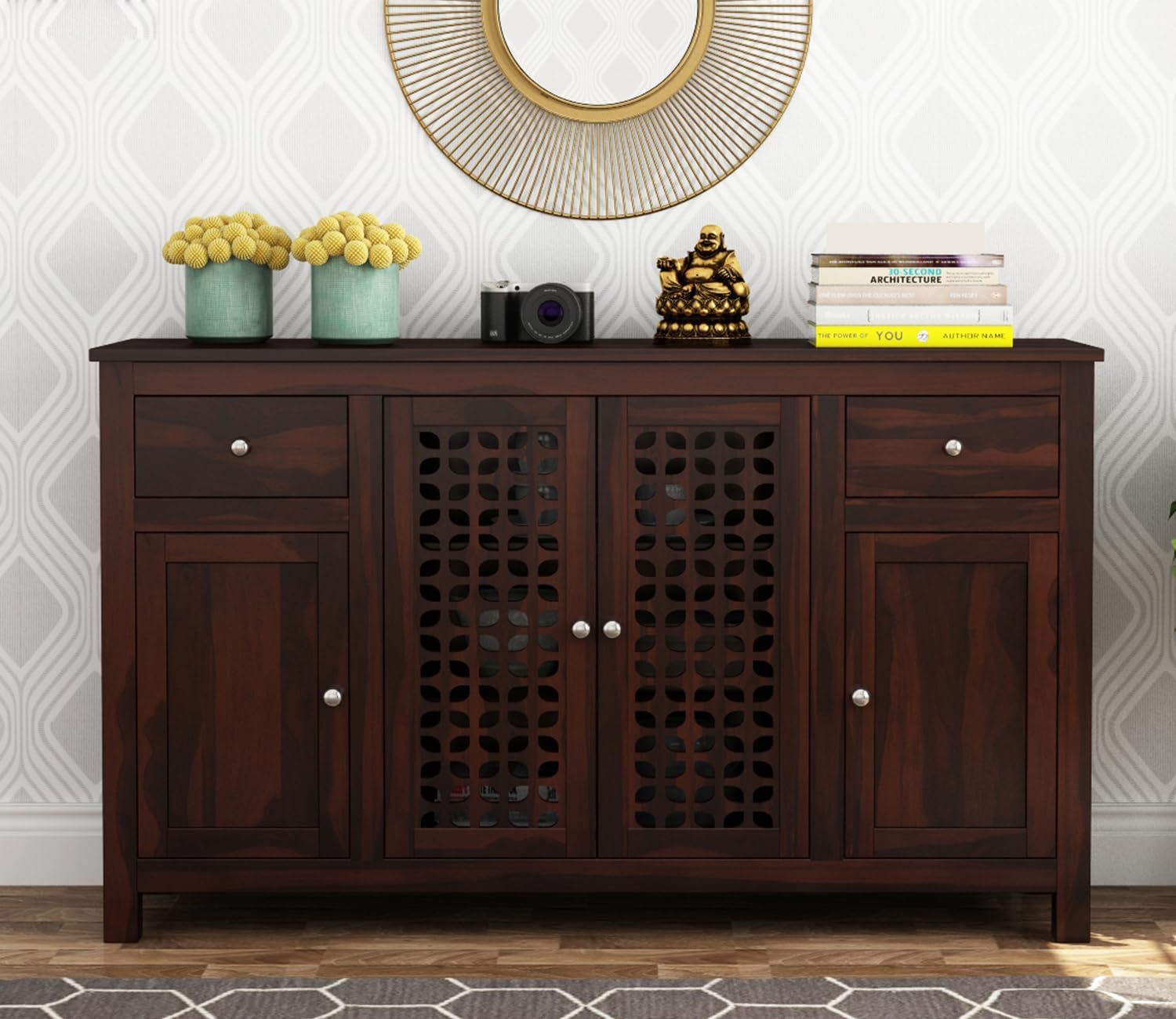 RK Deck Solid Sheesham Wood Sideboard Cabinet 4 Door 2 Drawer Storage