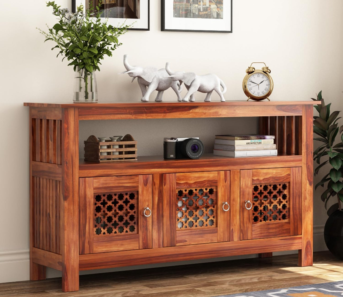 RK Wood Solid Sheesham Wood Sideboard Cabinet with Open Shelf Wooden