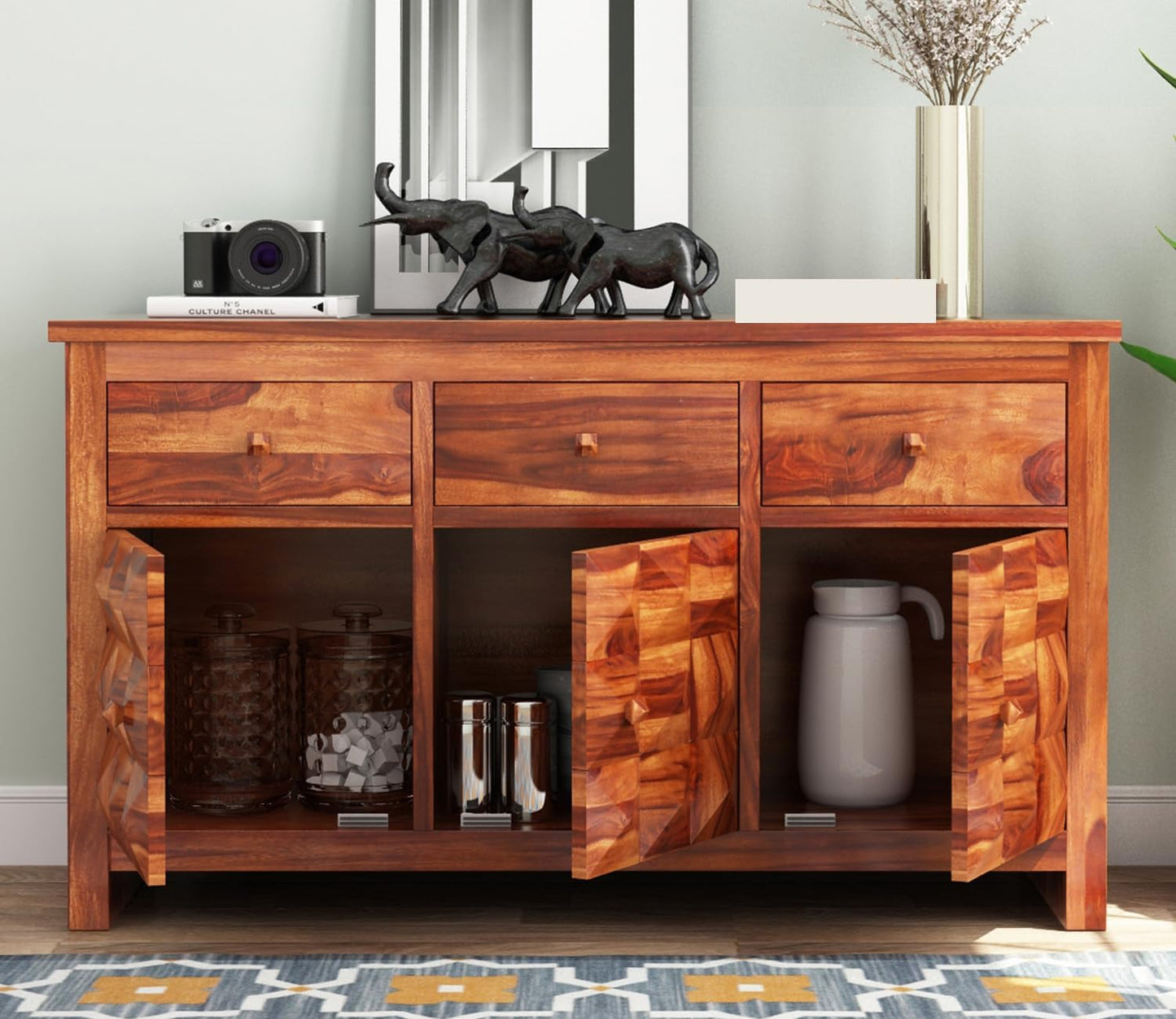 RK Wood Solid Sheesham Wood Sideboard Cabinet 3 Drawer 3 Door Storage