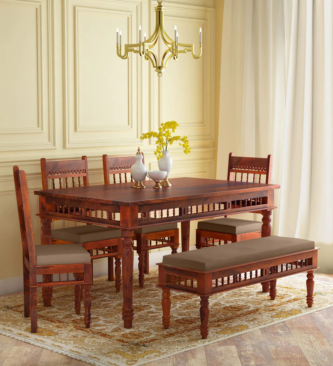 RK WOOD Solid Wood 6 Seater Dining Table Set with 4 Chairs & 1 Bench |