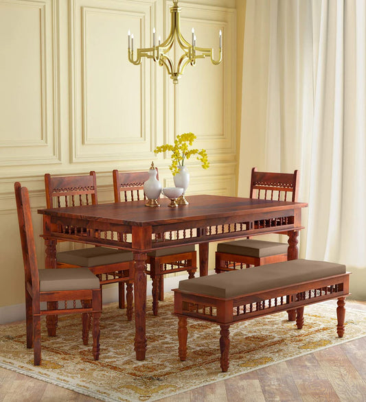 RK WOOD Solid Wood 6 Seater Dining Table Set with 4 Chairs & 1 Bench |