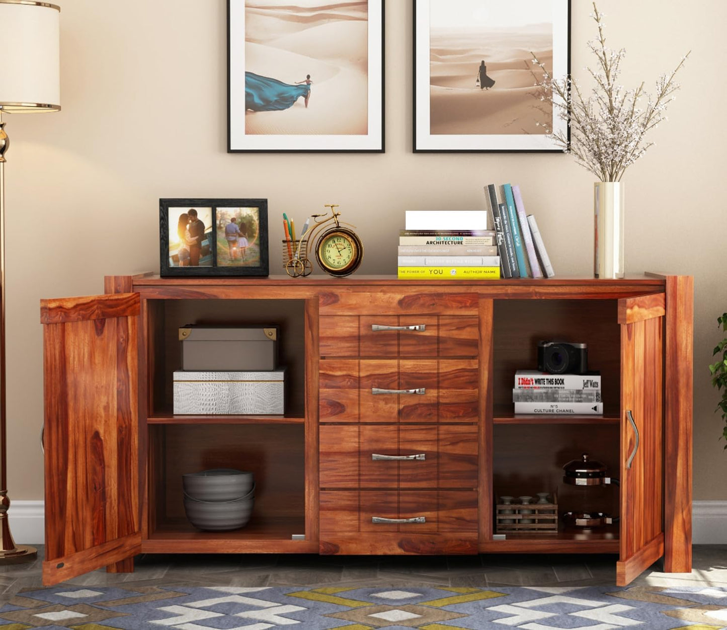 RK Wood Solid Sheesham Wood Sideboard Cabinet Wooden Storage Buffet