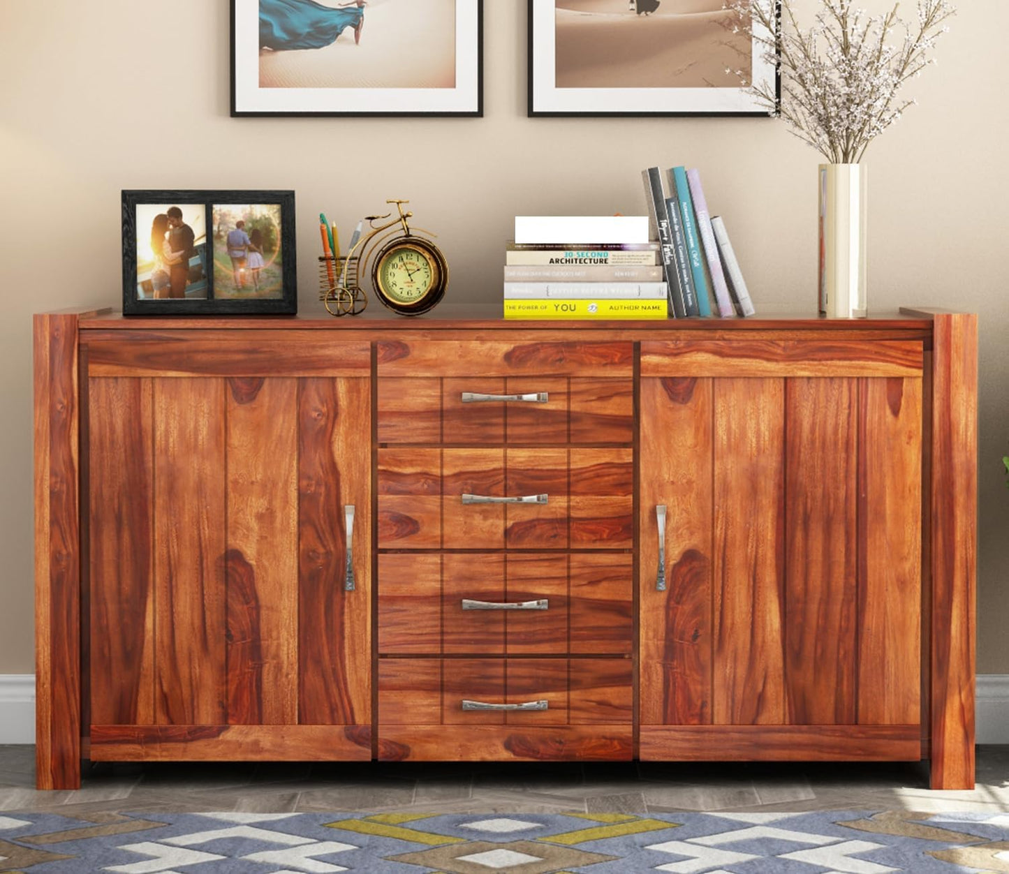 RK Wood Solid Sheesham Wood Sideboard Cabinet Wooden Storage Buffet