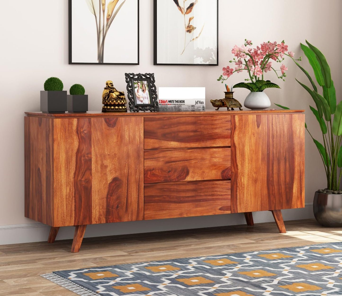 RK Wood Solid Sheesham Wood Sideboard Cabinet Wooden Storage Buffet