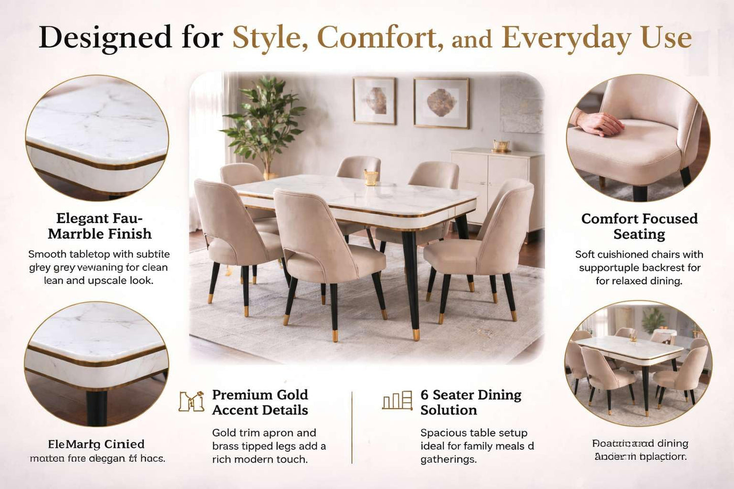 Premium 6 Seater Dining Table Set with Nano Composite Marble Top |