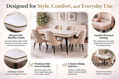 Premium 6 Seater Dining Table Set with Nano Composite Marble Top |