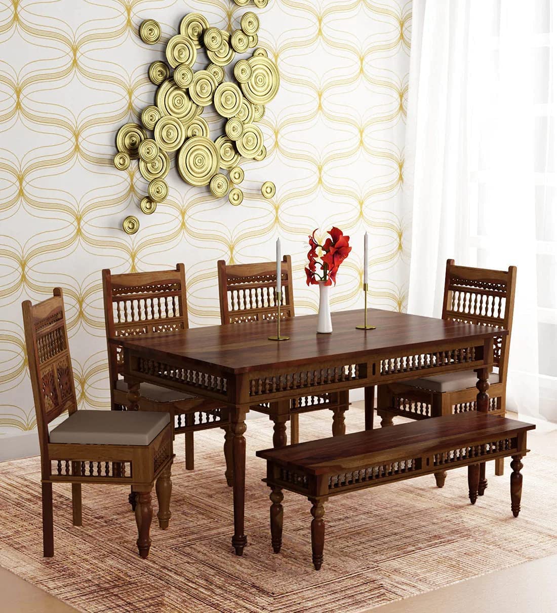 RK Wood Solid Sheesham Wood 6 Seater Dining Table Set with Chairs &