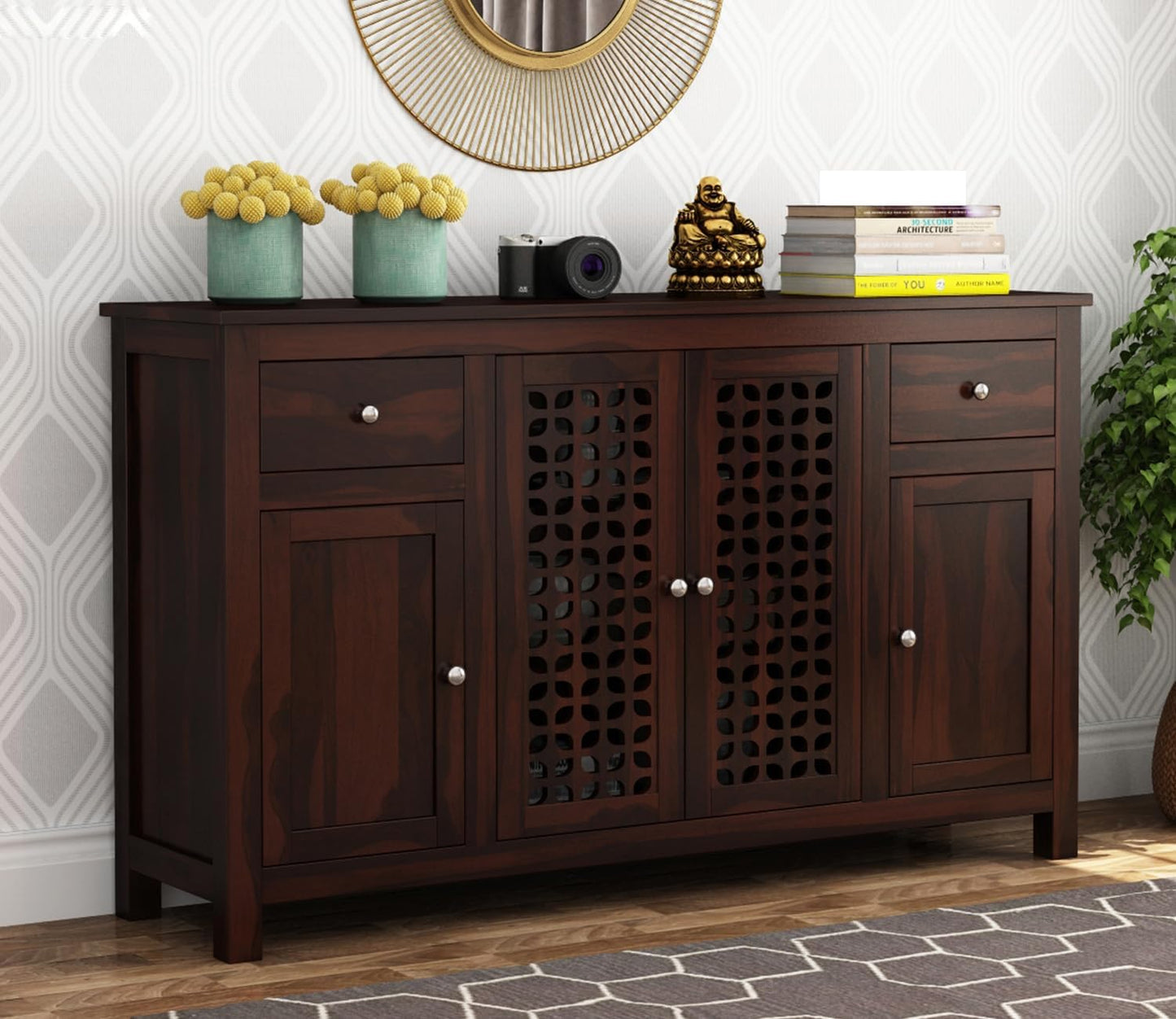 RK Deck Solid Sheesham Wood Sideboard Cabinet 4 Door 2 Drawer Storage