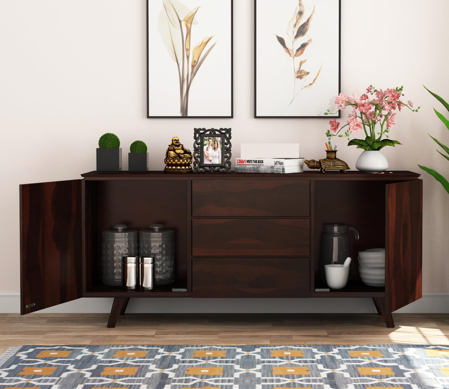 RK Wood Solid Sheesham Wood Sideboard Cabinet Wooden Storage Buffet