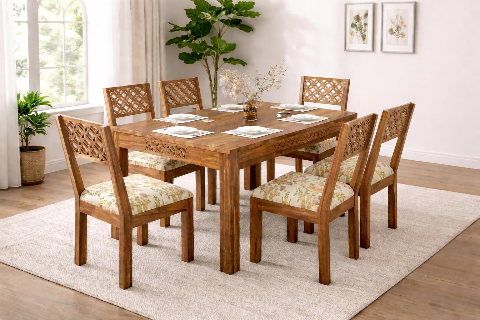 RK WOOD Solid Sheesham Wood Dining Table Set of 6 | Wooden 6 Seater