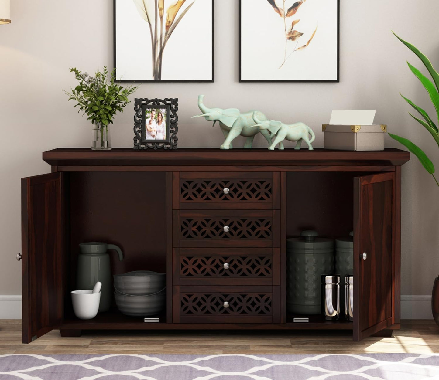 RK Wood Solid Sheesham Wood Sideboard Cabinet Wooden Storage Unit 4